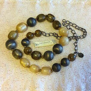 Vintage NEW sandwich jewellery Large Gray Tan Beads VTG Art Deco Long Necklace